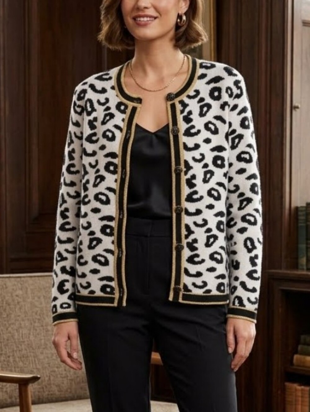 Vintage Ami Knits Animal Print Golden Trim Button Cardigan Sweater